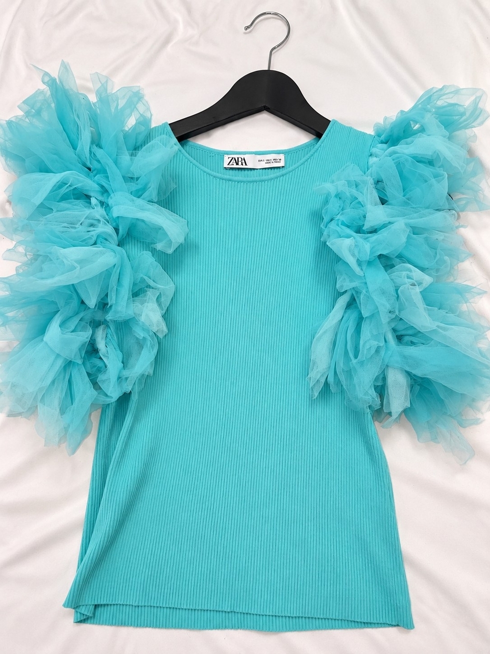 ZARA Teal Tulle Ruffle Sleeve Ribbed Tee